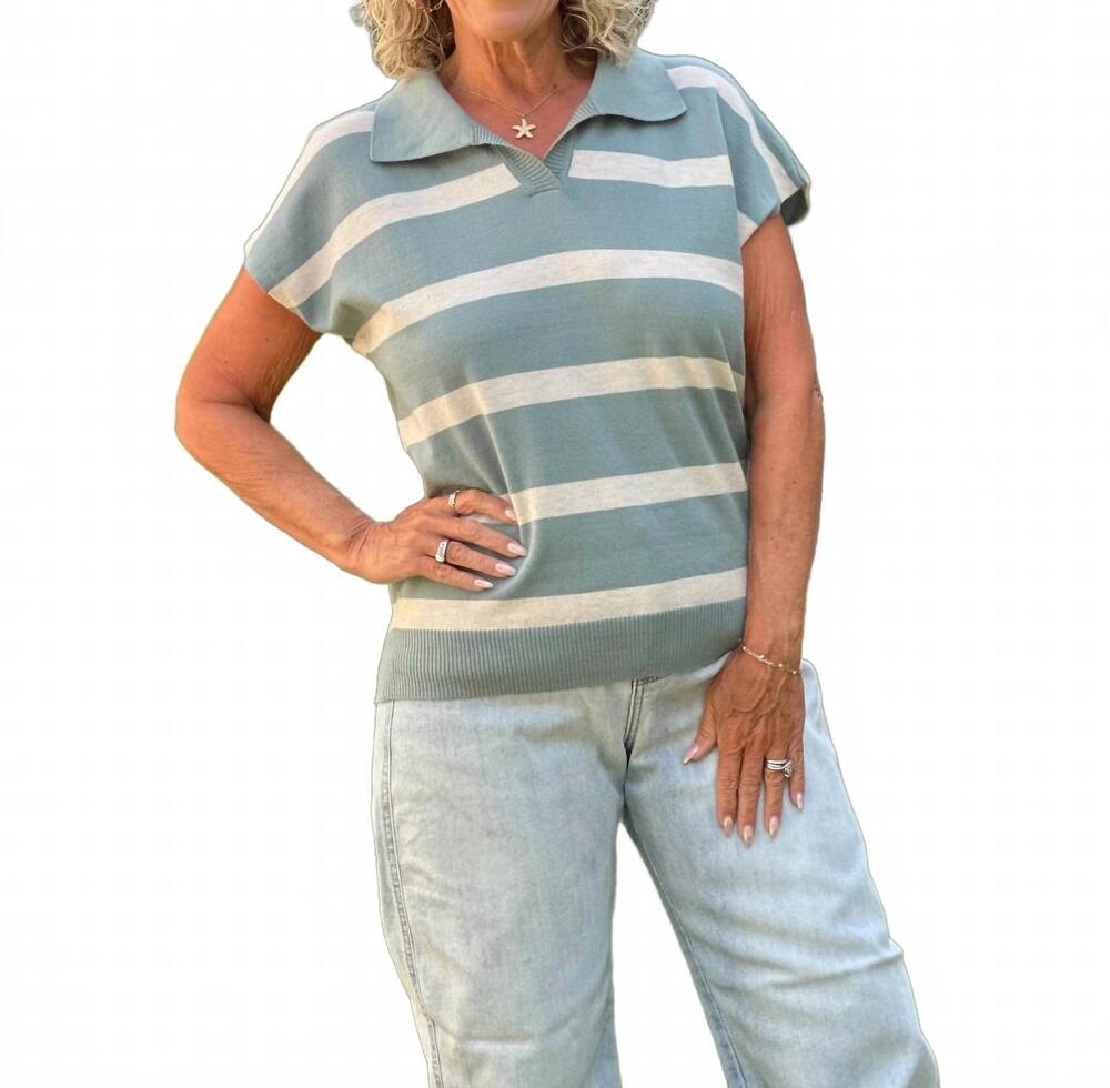 NEW COCO + CARMEN heavenly luxe striped short sleeve sweater in sage wisdom whit
